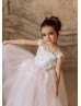 Ivory Floral Lace Blush Pink Tulle Flower Girl Dress